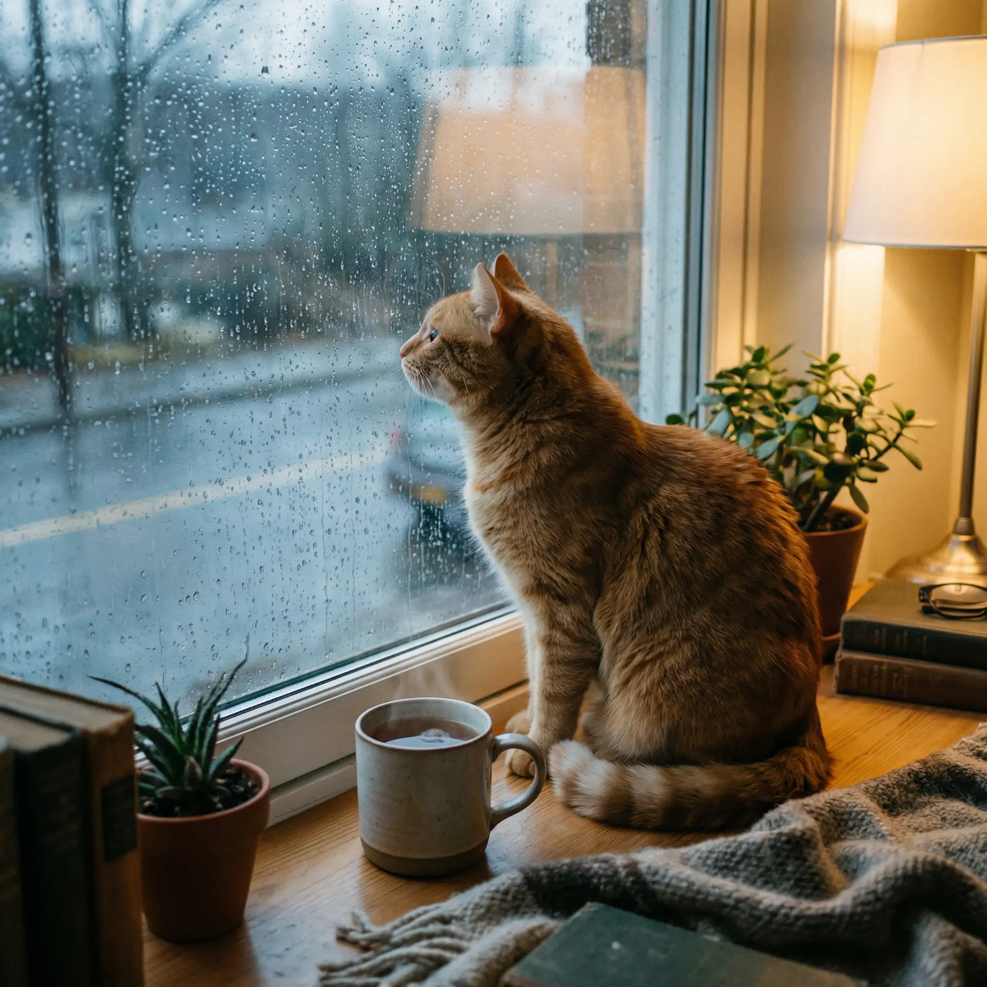 猫咪望着窗外的雨 - 妖精动漫大全